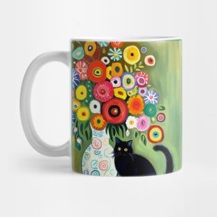 Still Life Painting with Black Cat and Flowers in a White Vase Mug